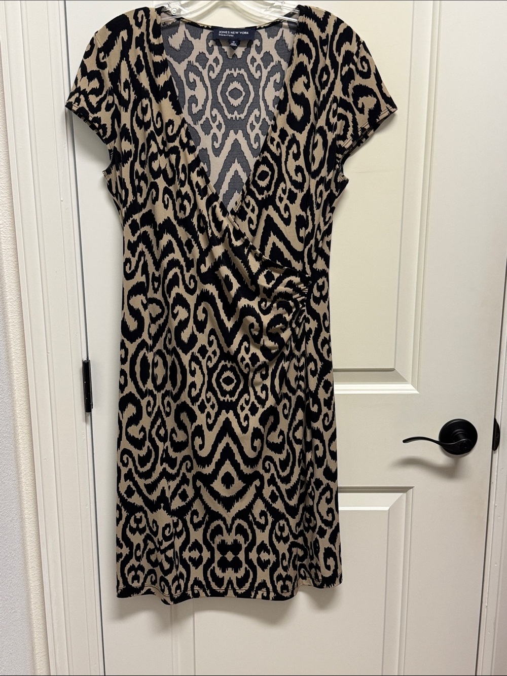 Jones New York Taupe and Black Ikat Wrap Dress